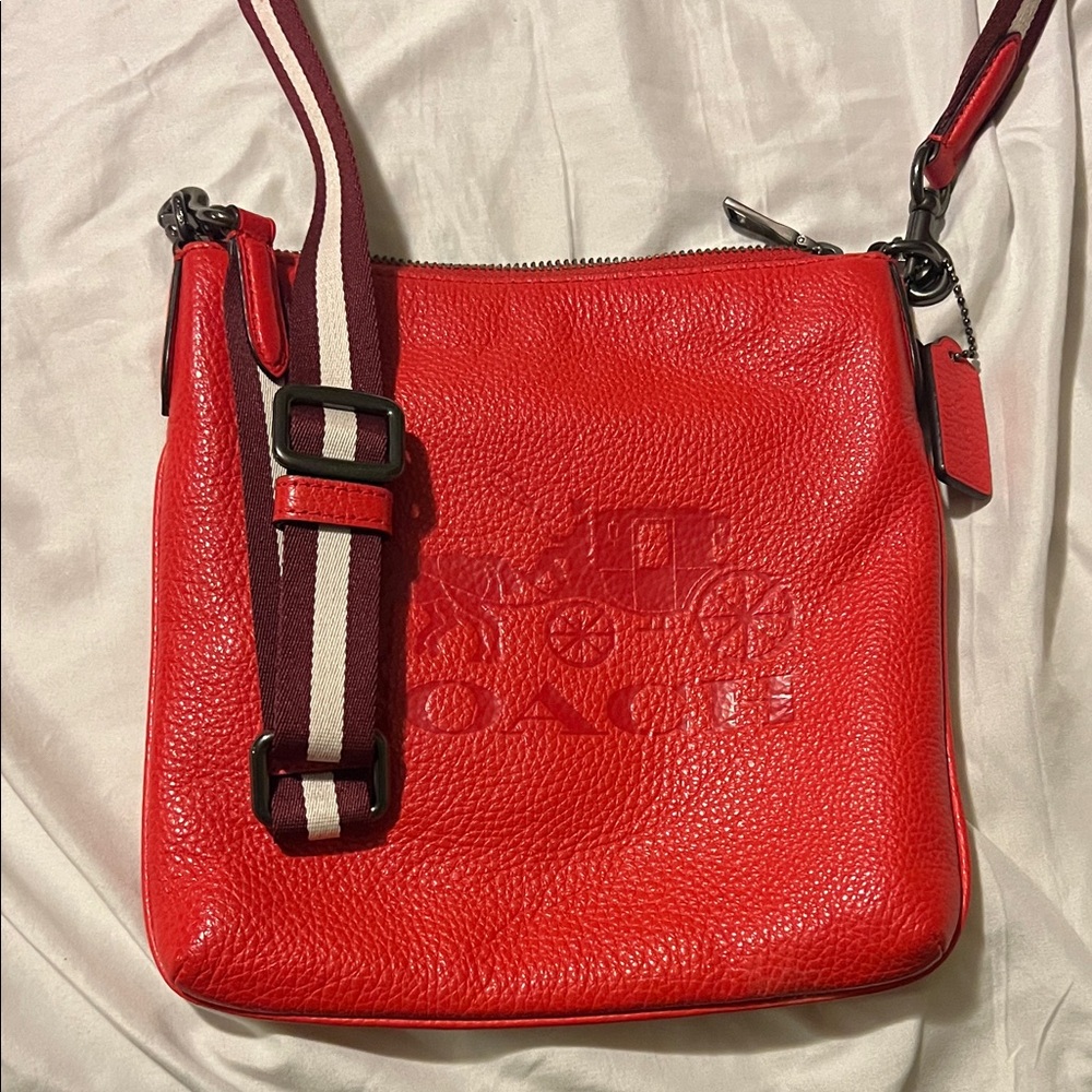 Coach Red Pebbled Leather Crossbody Bag with Striped Strap